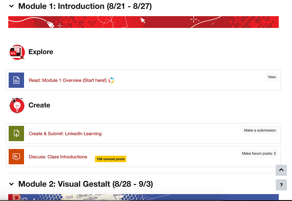 A screenshot of the Moodle course management software.