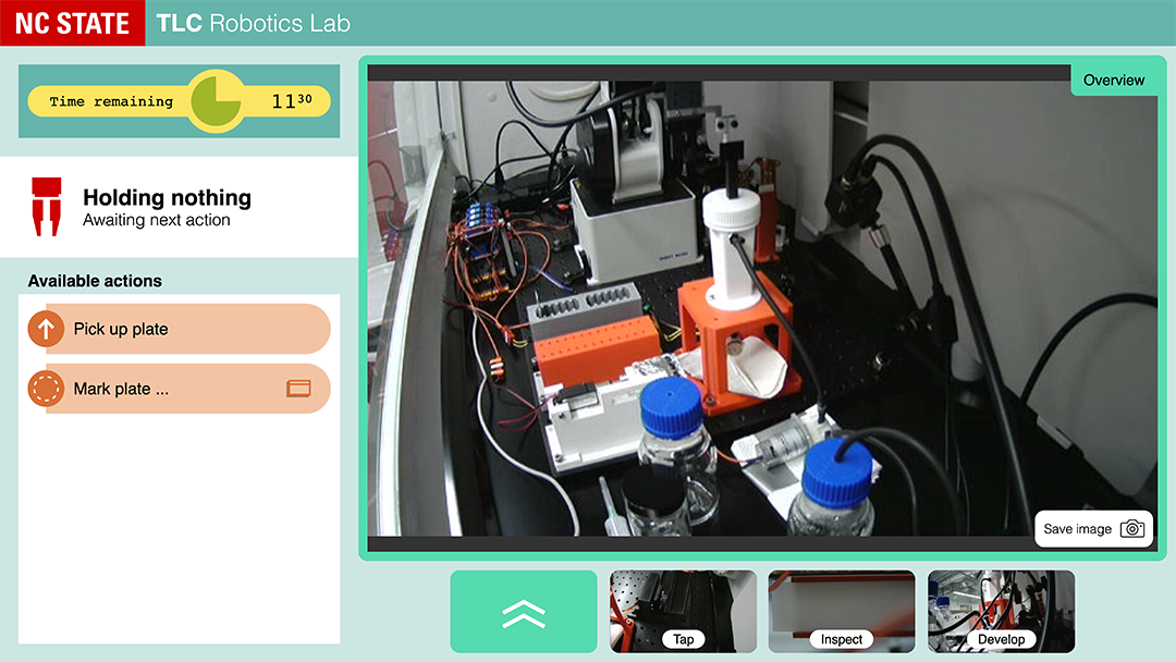 A screen capture of the student web client that provides students with live video streams into the lab space and actions to perform the TLC experiment.