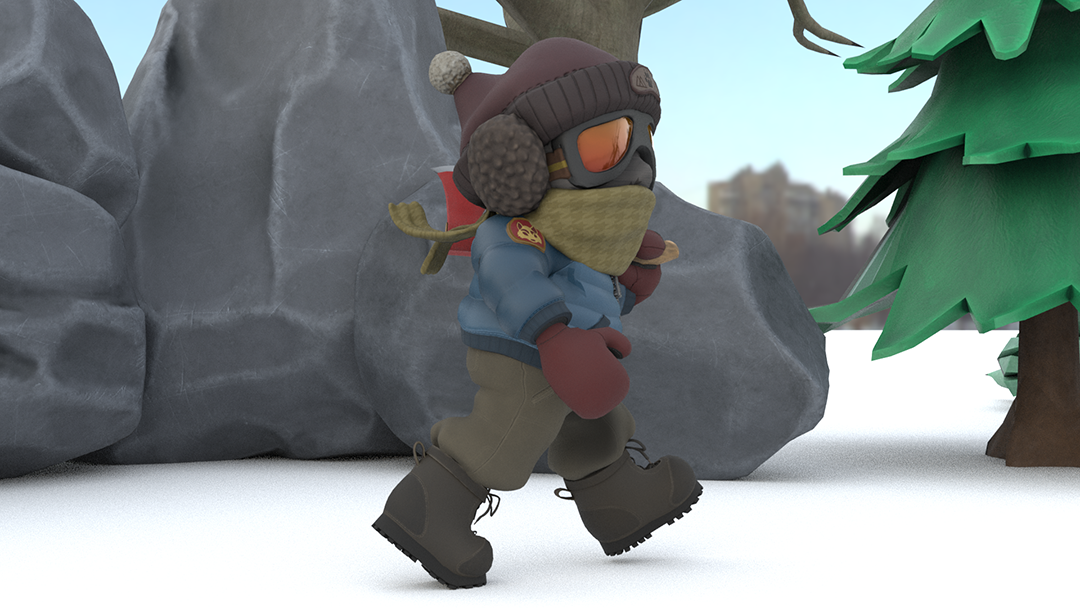 A screenshot of a student-created digital game asset showing a game character walking though a rocky tundra.