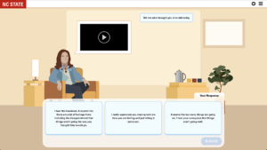 A screenshot of an interactive chatbot experience showing a female counselor sitting in a chair while interacting with the chatbot on her mobile device.