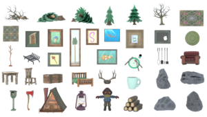 A collection of video game elements created by students for a course. The elements include different types and sizes of trees, artwork and household objects.