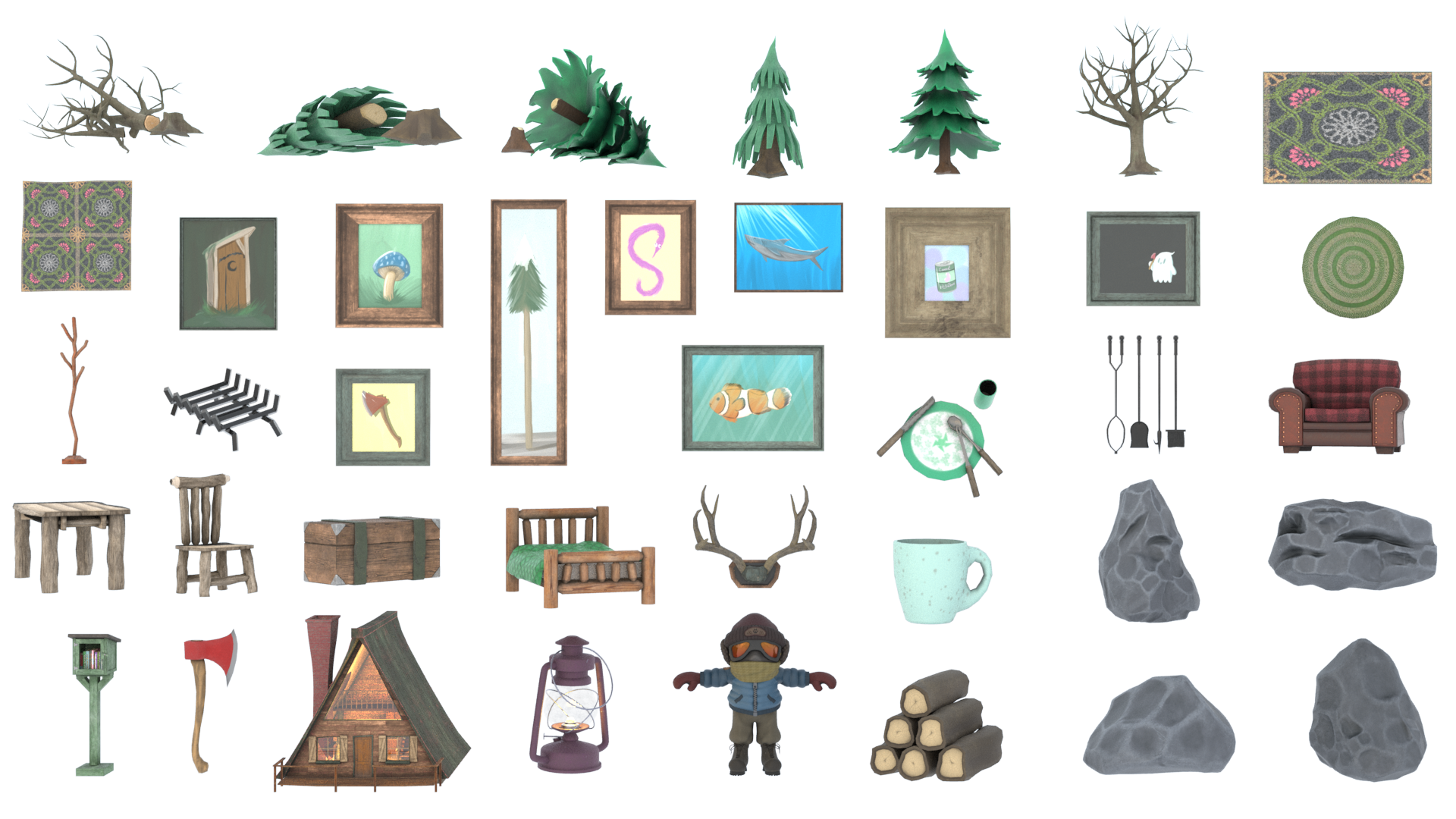 A collection of video game elements created by students for a course. The elements include different types and sizes of trees, artwork and household objects.