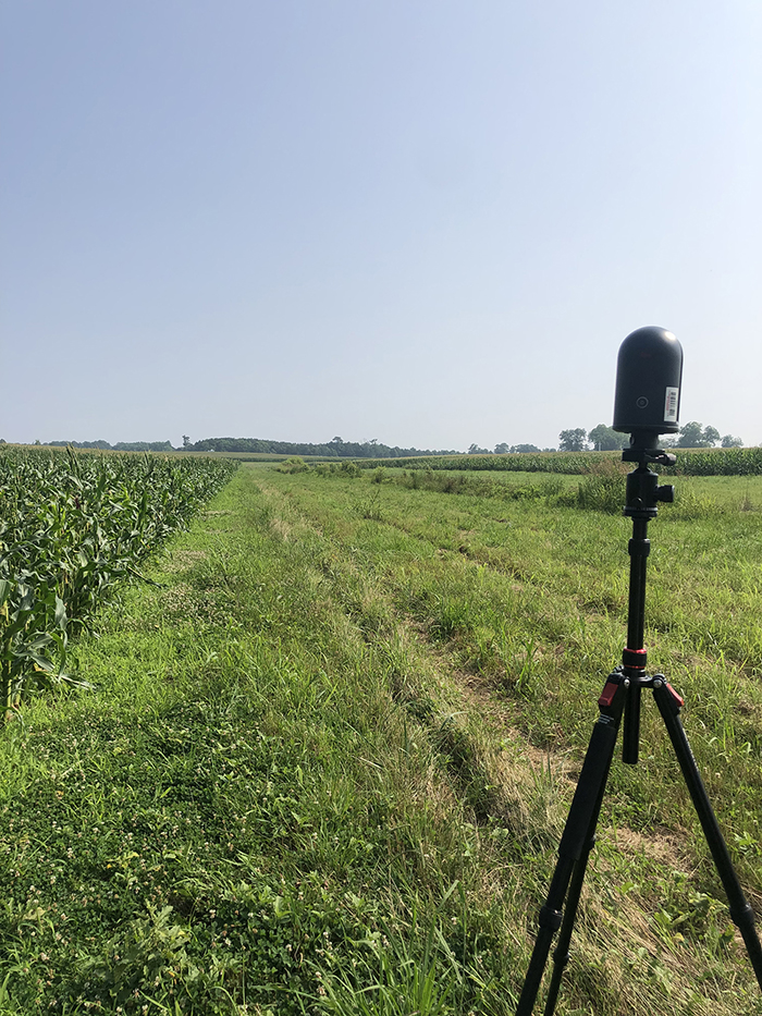 A 360 degree camera mounted on a tripod in a large green field of grass and crops.